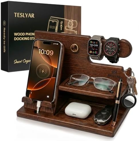 TESLYAR Wood Phone Docking Station for Men - Desk or Nightstand