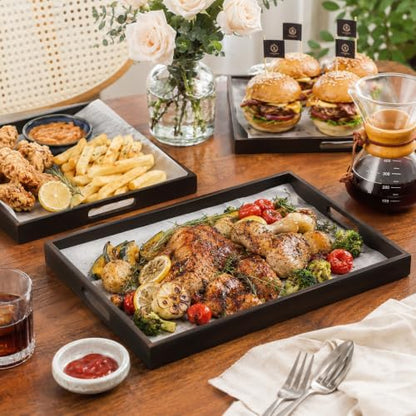 Bamboo Serving Tray Set of 3 with Handles, Nesting Wooden Serving