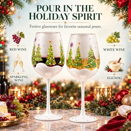 Holiday Christmas Tree Stemmed Wine Glasses Set Of 2 17.5Oz Festive