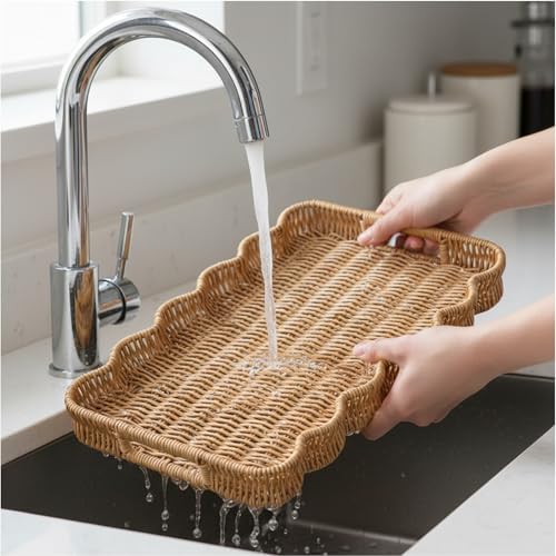 Scalloped Tray Rectangle with Handles, 13.98 x 9.84 x 1.77 Inch Hand