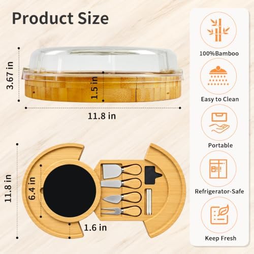 Charcuterie Board Set with Lid Round, Portable Bamboo Cheese Board