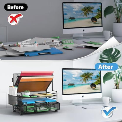 5 Tier Desk Organizer with Drawer & Pen Holders, Desk File Organizer