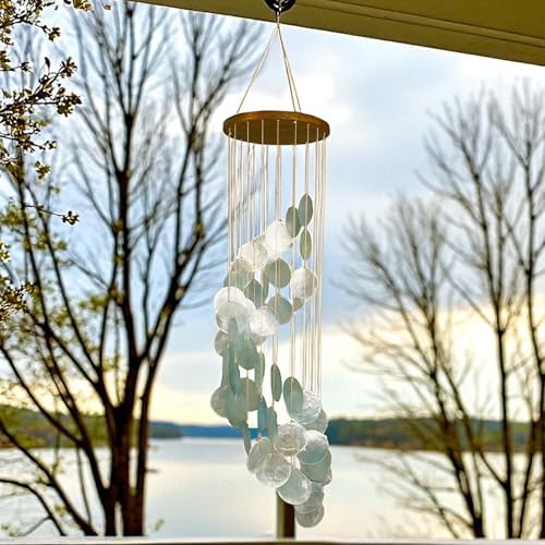 Top Brass Capiz Shell Wind Chime, 30" Spiral Coastal Outdoor Hanging