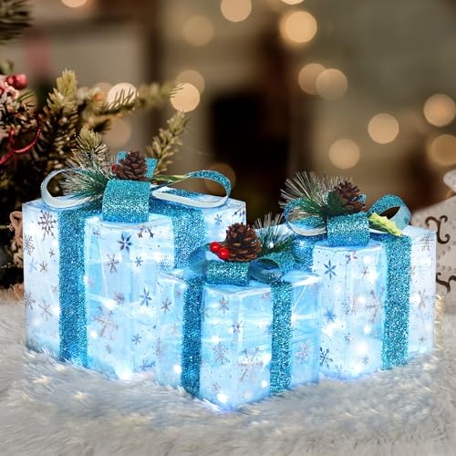 Set of 3 Snowflake Lighted Boxes, Blue