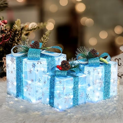 Set of 3 Snowflake Lighted Boxes, Blue