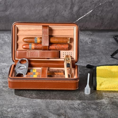 Leather Cigar Case, Travel Humidor Holds 7 Cigars, Brown Cedar Wood