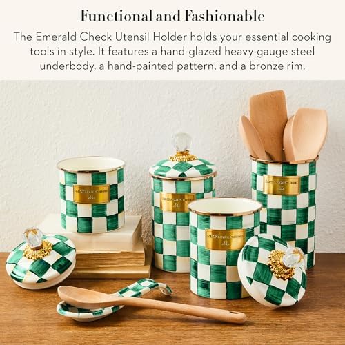 MACKENZIE-CHILDS Enamel Utensil Holder, Green-and-White Emerald Check