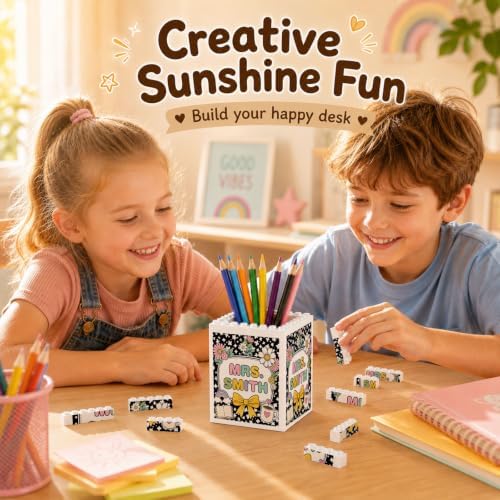 Personalized Pen Holder for Desk, Floral Building Blocks Gifts for