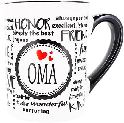 Cottage Creek Oma Mug, 16oz Word Art Coffee Cup for German Grandma