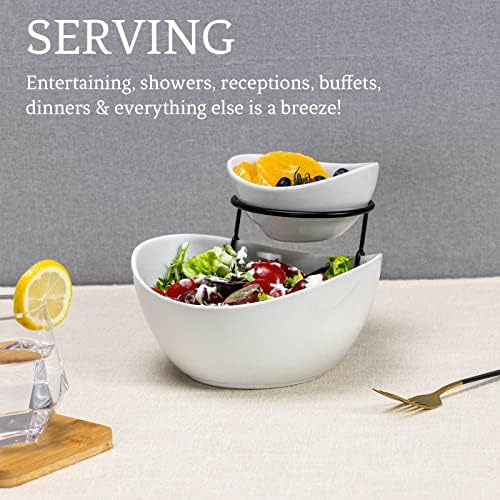 UNICASA Serving Bowls Set, 2 Tier Chip and Dip Bowls with Metal Rack