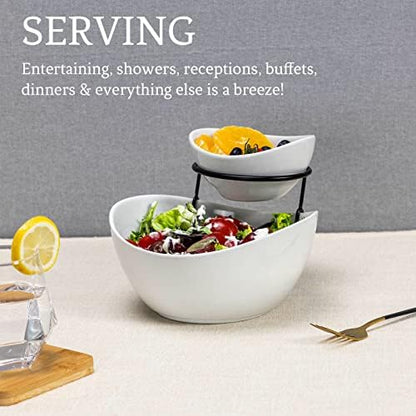 UNICASA Serving Bowls Set, 2 Tier Chip and Dip Bowls with Metal Rack