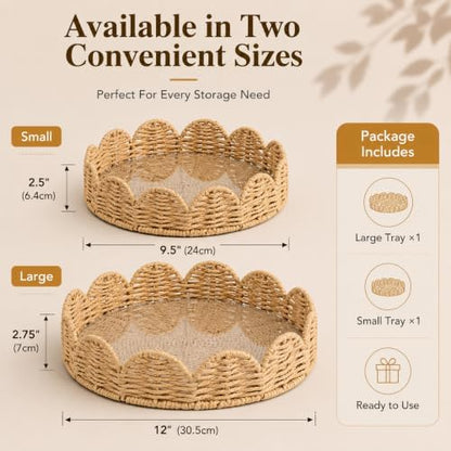 Scalloped Tray with Clear Acrylic Bottom, Round Woven Wicker Serving
