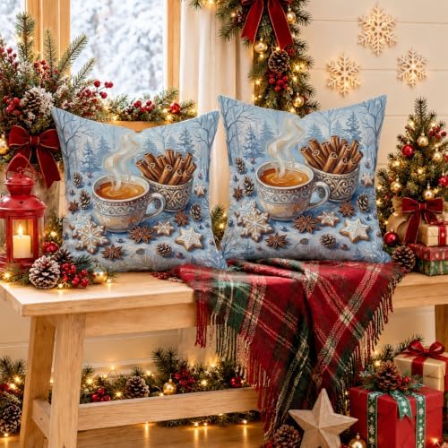 Winter Hot Cocoa Coffee Theme Christmas Throw Pillow Covers 12x12 Set