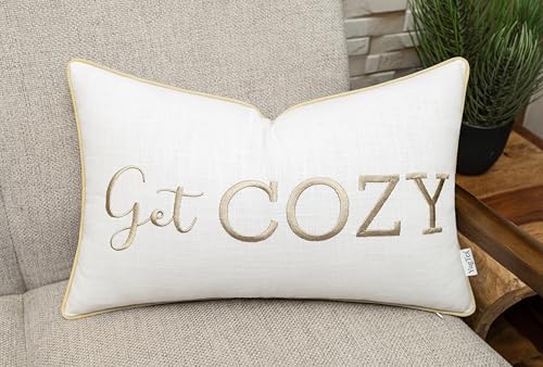 Get Cozy Embroidered 12x20 Lumbar Pillow Cover, Ivory