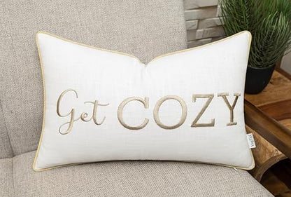Get Cozy Embroidered 12x20 Lumbar Pillow Cover, Ivory