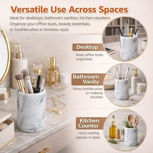 Creative Home White Marble Pen Holder, Heavy Stone Pencil Cup