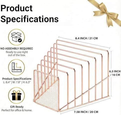 Rose Gold Desk Organizer 7 Slot Inclined Vertical File Folder Holder