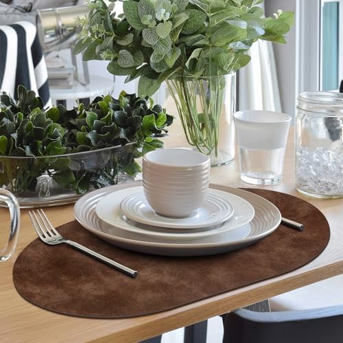 ADRIMER Oval Placemats Set of 12, Wipeable Faux Leather, Brown