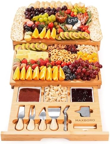 Extra Large Bamboo Charcuterie Board, 3-Layer Pull-Out Cheese Trays