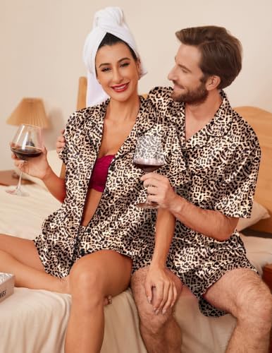 Ekouaer Couple Matching Pajamas Sets Silk Short Sleeve Button Up