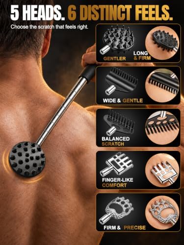 Telescoping Back Scratcher with 5 Interchangeable Heads, Gifts for Men