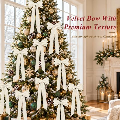 JOICEE 12Pcs Beige Velvet Bows Ornaments for Christmas Tree Decor