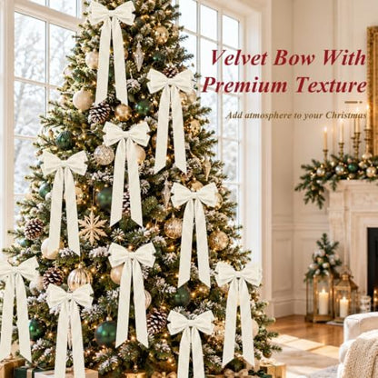 JOICEE 12Pcs Beige Velvet Bows Ornaments for Christmas Tree Decor