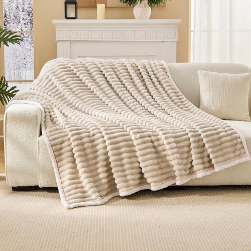 Flannel Throw Blanket, Soft Plush for Couch Bed Beige 40x50 in