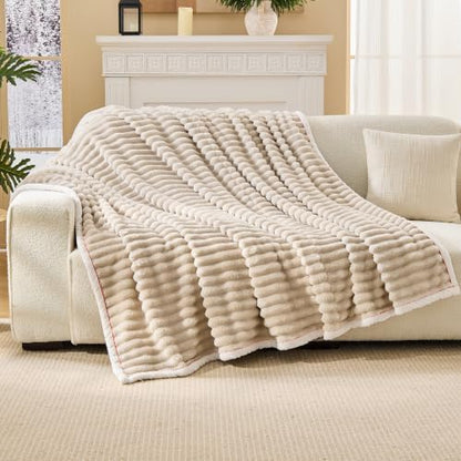 Flannel Throw Blanket, Soft Plush for Couch Bed Beige 40x50 in