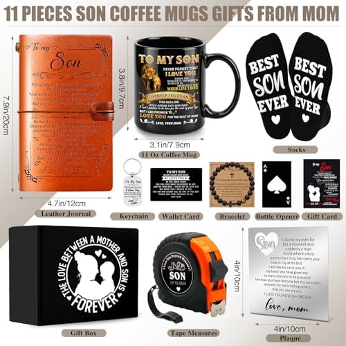 11 Pcs Son Gifts from Mom with 11 Oz Ceramic Cup, Leather Journal
