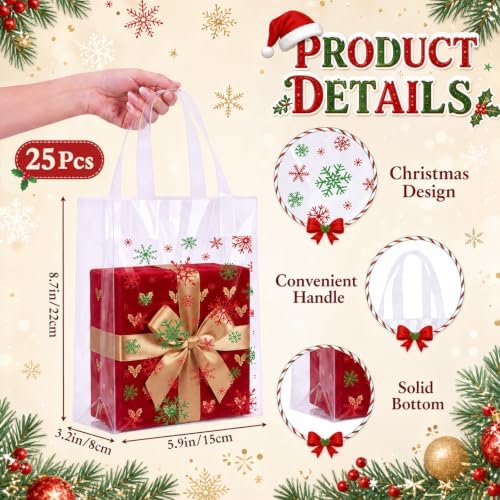 Pajean 25 Pcs Christmas Plastic Gift Bags with Handles, Snowflake