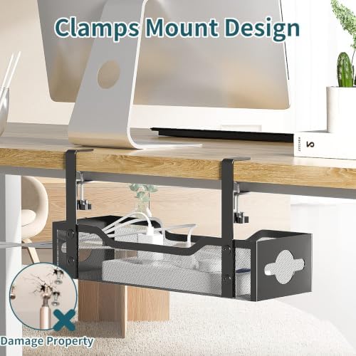 Under Desk Cable Management Tray No Drill, Metal Mesh Cable Management