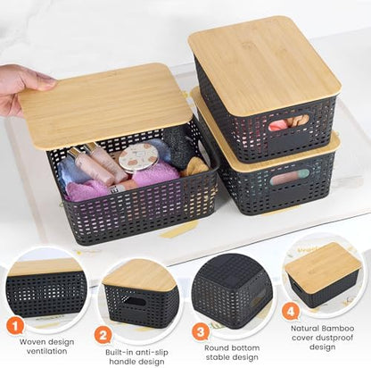 Ohmlove 6 Pack Plastic Storage Baskets with Bamboo Lids for
