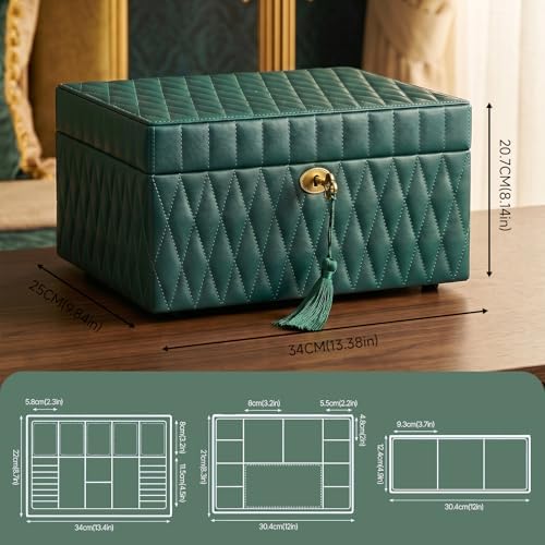 Genuine Leather Jewelry Box for Women, 3 Layer, Green