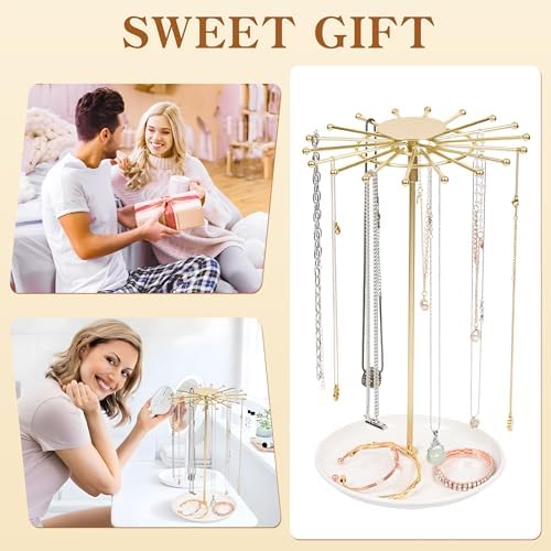 AmaQueen Rotating Necklace Hanger Organizer Tree with Jewelry Tray