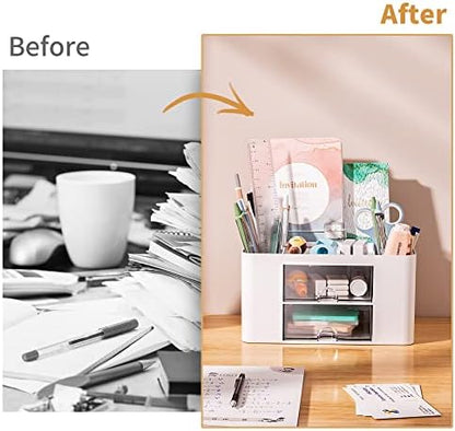 Marbrasse Pen Organizer with 2 Drawer, Multi-Functional Pencil Holder
