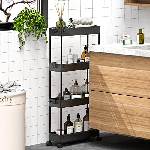 SPACEKEEPER Slim Rolling Storage Cart, 4 Tier Bathroom Cart