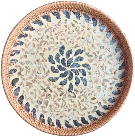 14 inch Round Rattan Tray Home Decor, Wicker Serving Tray with Mother