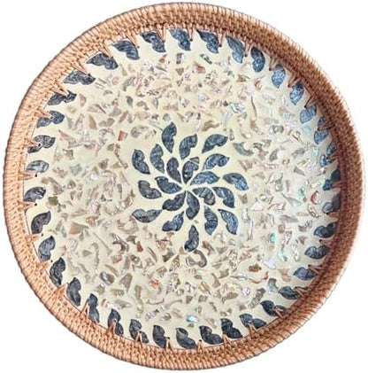 14 inch Round Rattan Tray Home Decor, Wicker Serving Tray with Mother