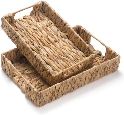2 Pack Water Hyacinth Tray with Handles, Rectangular Wicker Serving