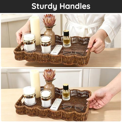 Segbeauty Plastic Wicker Serving Tray with Handles for Home Decor