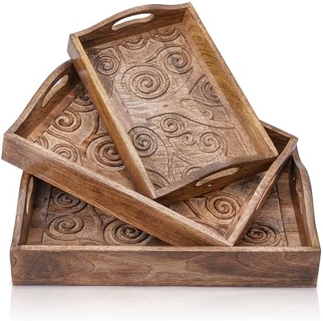 Ajuny Wooden Serving Trays Set of 3 with Handles, Tree of Life Carved