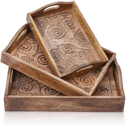 Ajuny Wooden Serving Trays Set of 3 with Handles, Tree of Life Carved