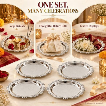 4 Pcs Vintage Silver Tray Indian Pooja Return Gift, Round Silver