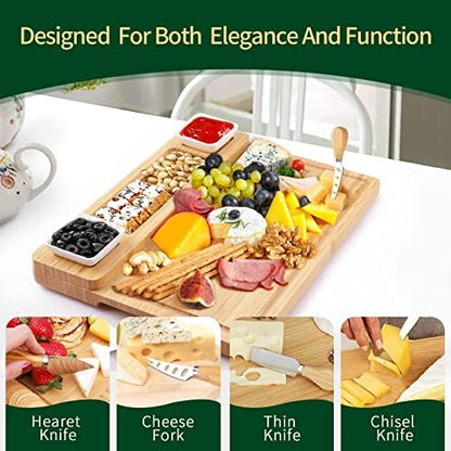 Charcuterie Boards and Knife Set - Bamboo Cheese Board - Wine Meat