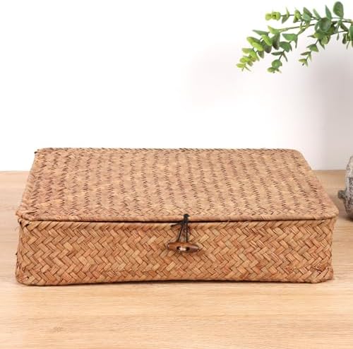 Moosky Flat Wicker Shelf Baskets with Lid, Handwoven Seagrass Basket
