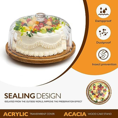 Cake Stand with Lid, Rotating Cake Holder with Dome, Wood Lazy Susan