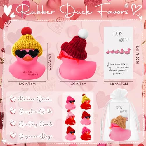 Liliful 24 Sets Pink Red Rubber Ducks with Knit Hat Sunglasses Card