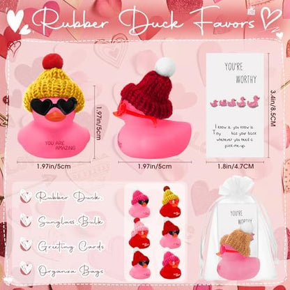 Liliful 24 Sets Pink Red Rubber Ducks with Knit Hat Sunglasses Card