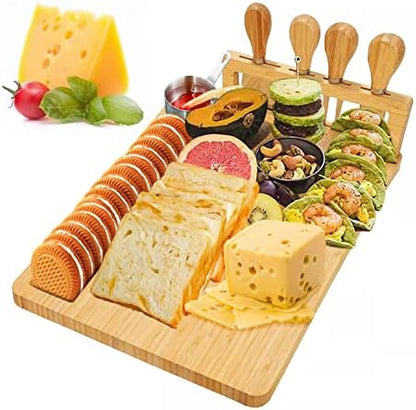 Bamboo Cheese Board, Cheese Tray with 4 Stainless Cutlery